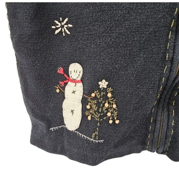 Woolrich Snowman Sweater Vest Black Christmas Appliqué Zip Snowflakes Vintage - Picture 2 of 11